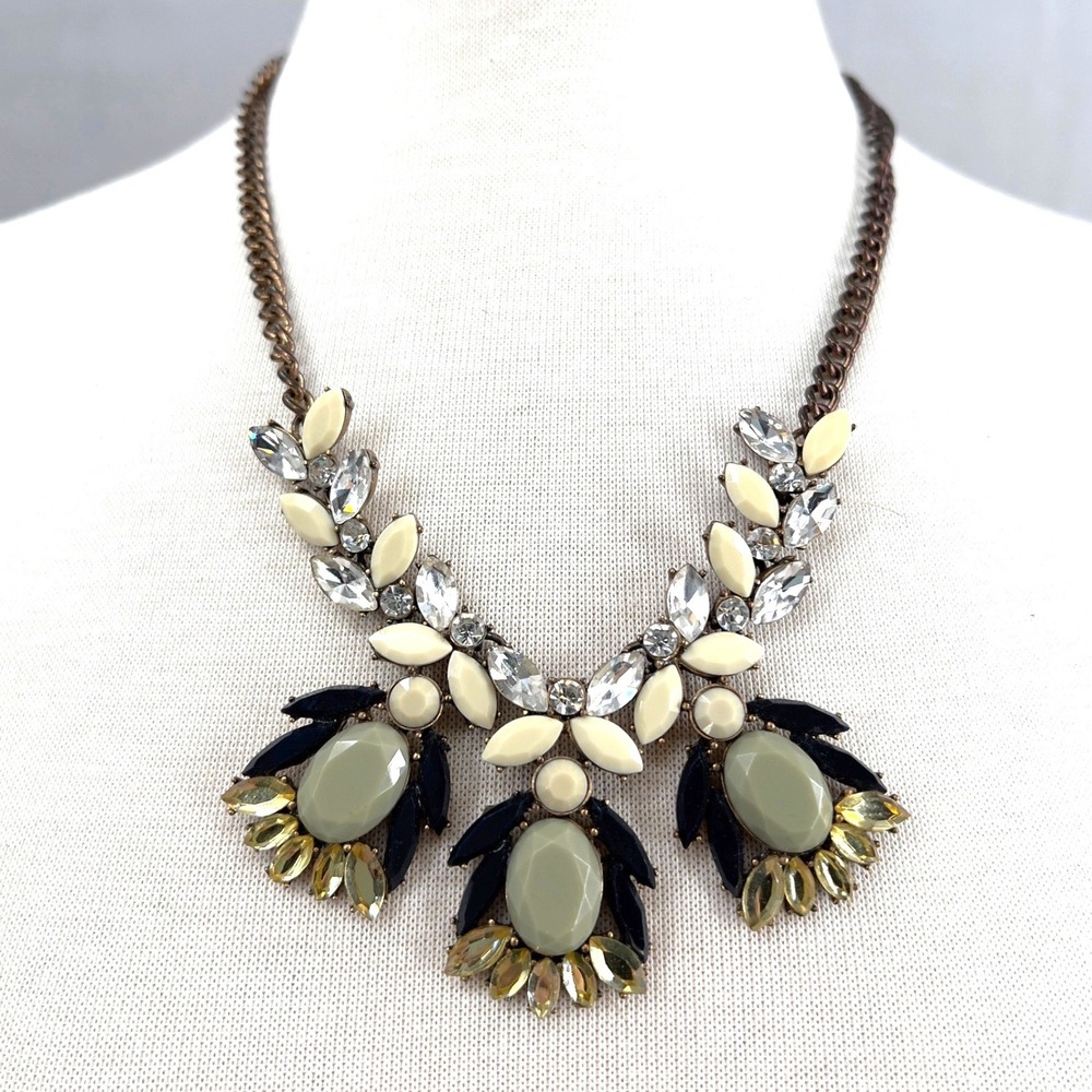J.Crew‎ Statement Bib Necklace Sage Green Cream Crystal Rhinestone Gold Tone